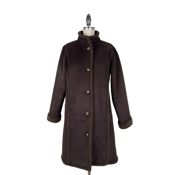 L.L.Bean Chocolate Brown Faux Shearling Sherpa Coat Women's Small Long - Picture 2 of 11